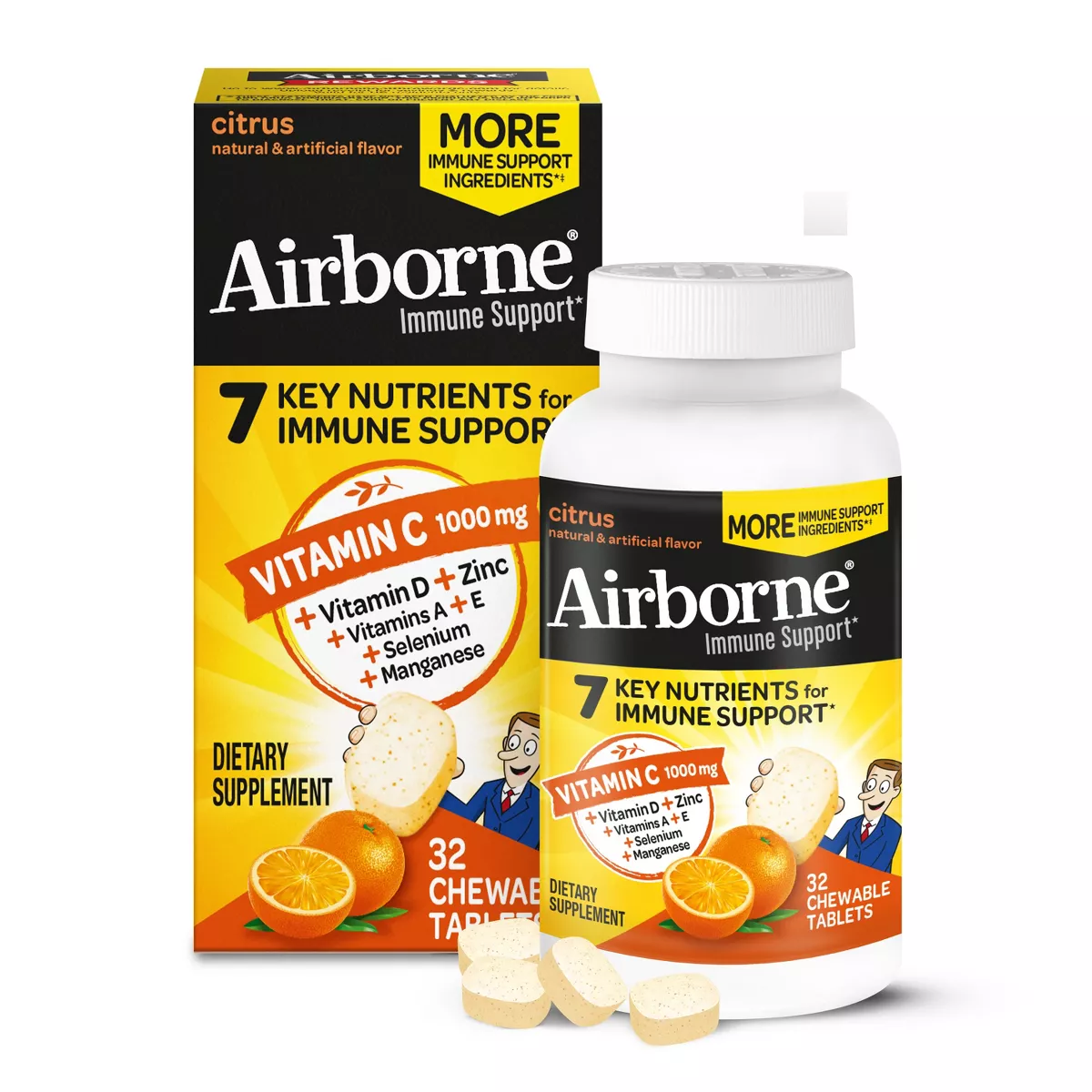 Airborne Original Blast Vitamin C Chewable Tablets Support Immune System, Citrus - 32 Ea